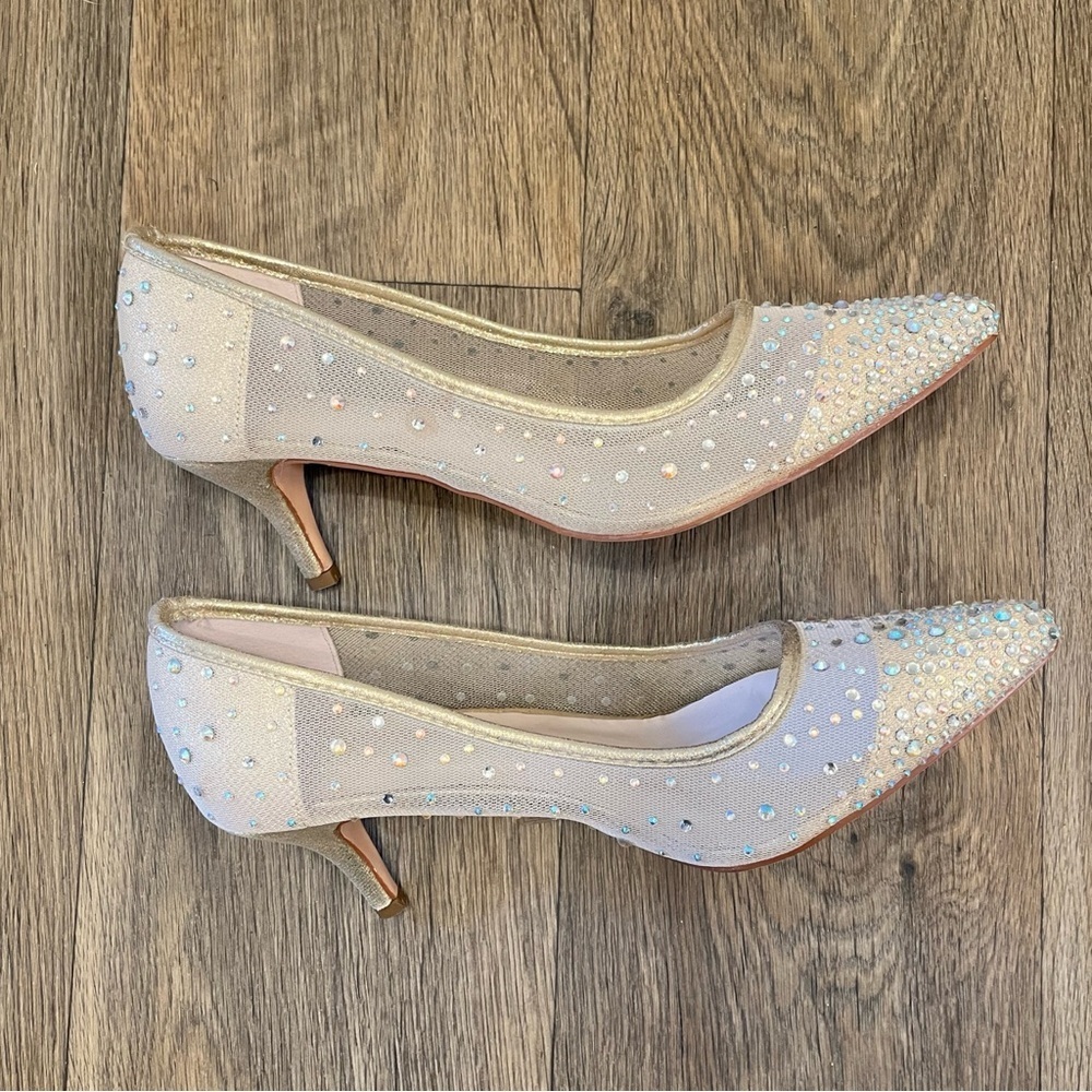 Elegant Beige Rhinestone Kitten Heels - Picture 4 of 9